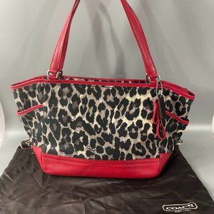 Coach  F23297 Carrie Leopard Print Red Trim Brown Canvas Tote